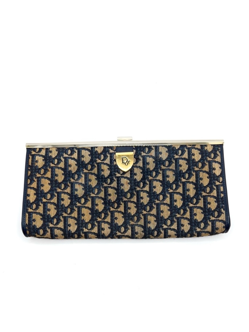 Authentic Christian Dior Vintage Cloth x Leather Trotter Kiss Lock Clutch Bag